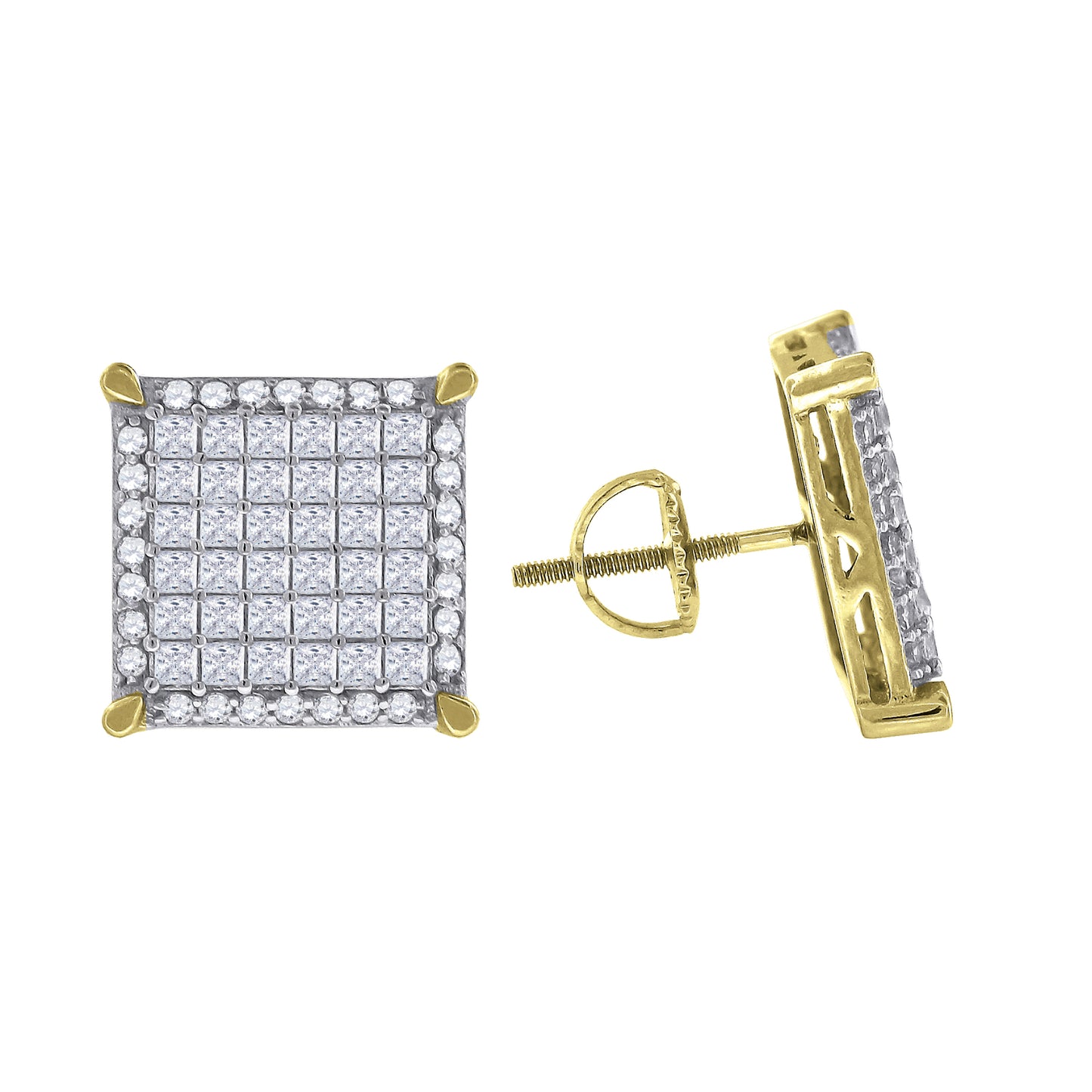 Sterling Silver Or Yellow-Tone Mens Princess Cubic Zirconia Square Stud Earrings