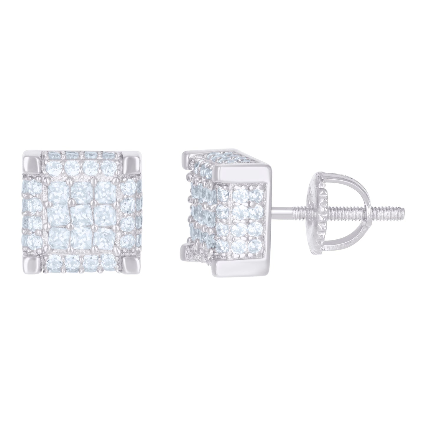 Sterling Silver Or Yellow-Tone Mens Princess Cubic Zirconia Square Stud Earrings