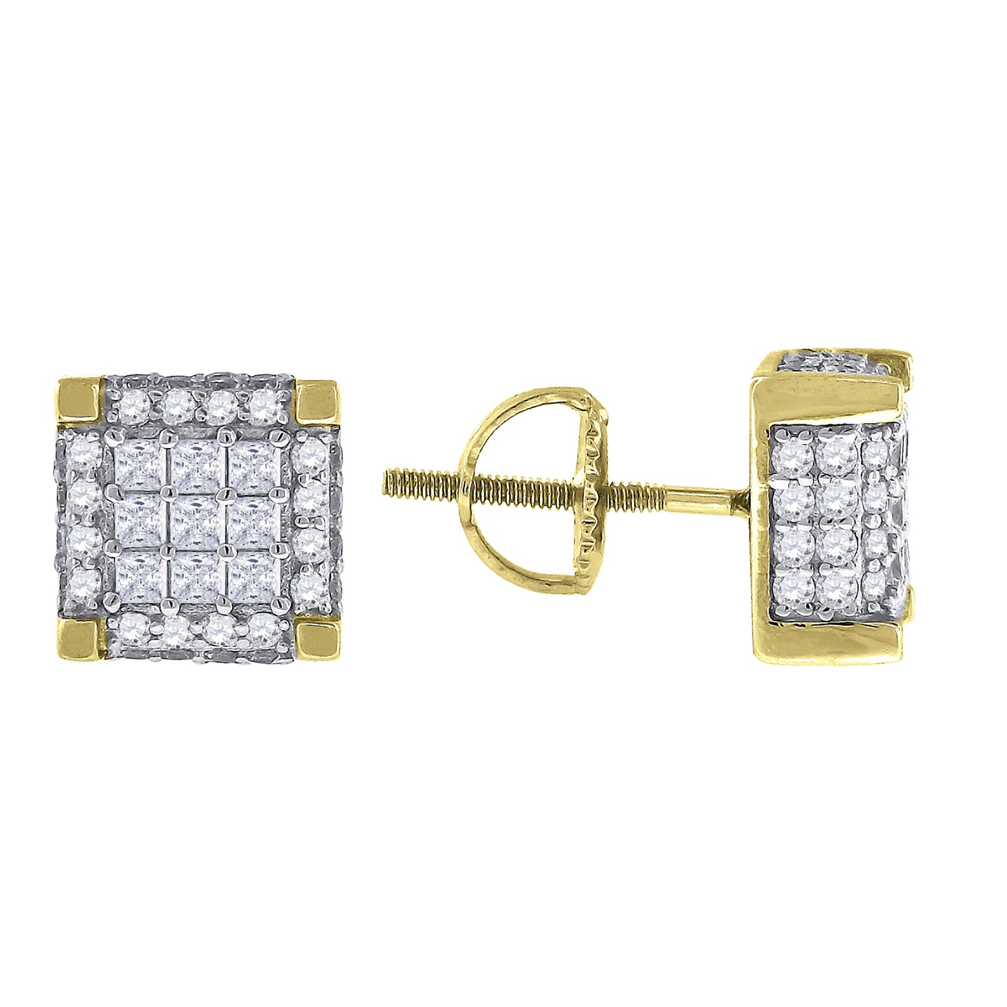 Sterling Silver Or Yellow-Tone Mens Princess Cubic Zirconia Square Stud Earrings