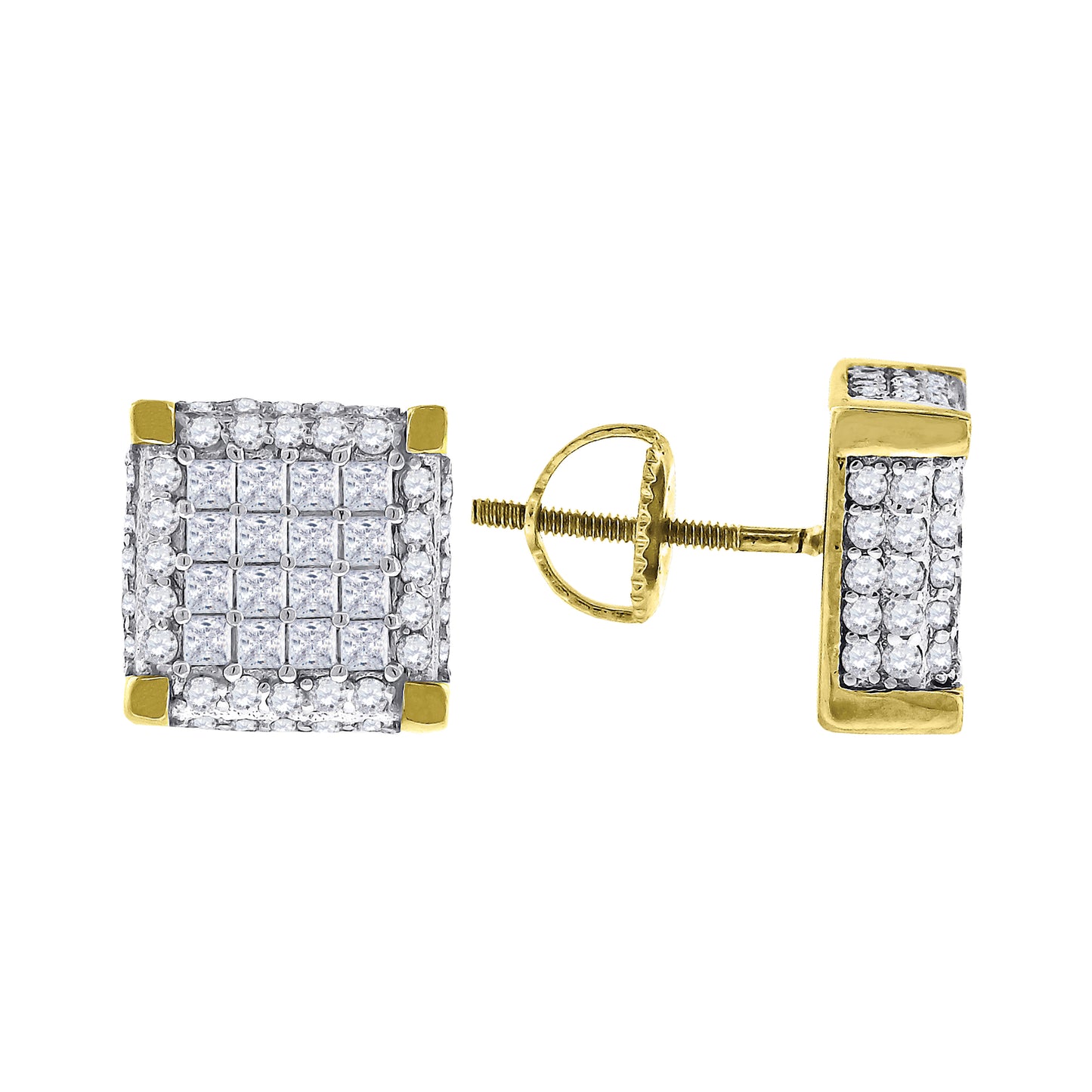 Sterling Silver Or Yellow-Tone Mens Princess Cubic Zirconia Square Stud Earrings