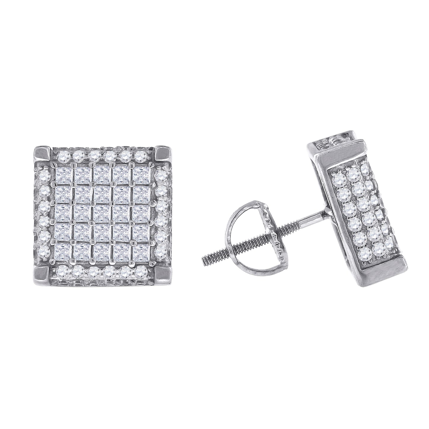 Sterling Silver Or Yellow-Tone Mens Princess Cubic Zirconia Square Stud Earrings