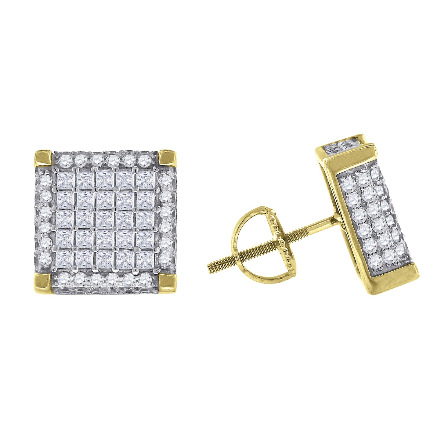 Sterling Silver Or Yellow-Tone Mens Princess Cubic Zirconia Square Stud Earrings