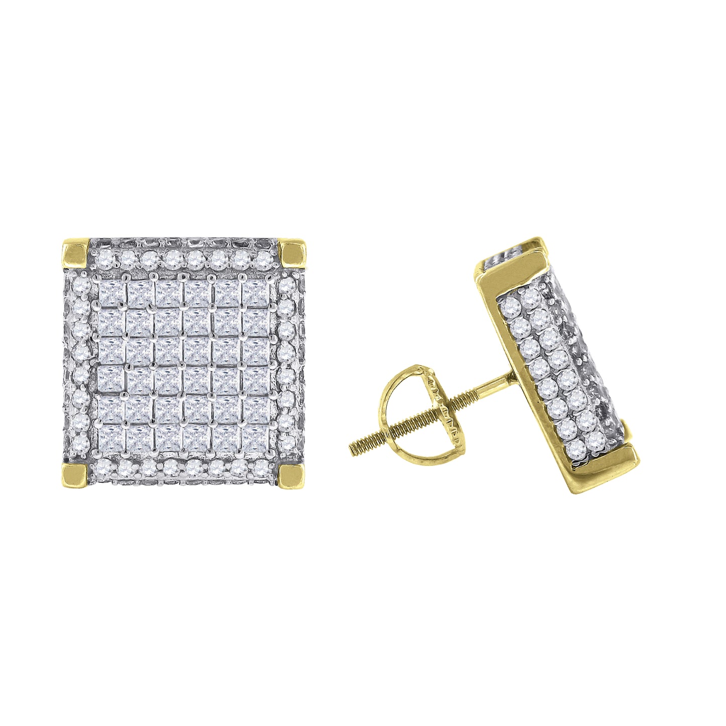 Sterling Silver Or Yellow-Tone Mens Princess Cubic Zirconia Square Stud Earrings