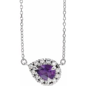 Sterling Silver Pear 6 X 4Mm G-H I1 Natural Amethyst And 1/6 Ctw Natural Diamond Necklace, Length: 18 In