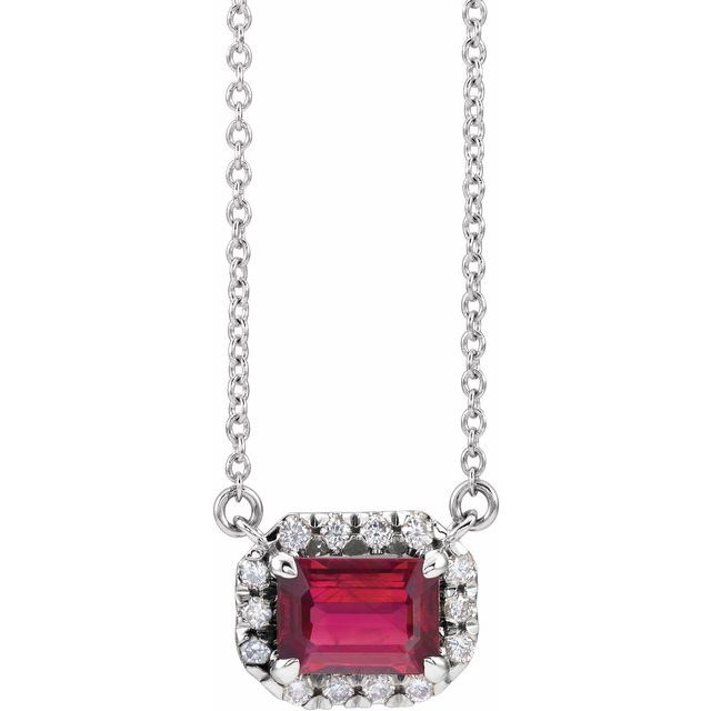 14K White Gold Emerald 7 X 5Mm I1, G-H 16 In Polished Lab-Grown Ruby And 1/5 Ctw Natural Diamond Necklace