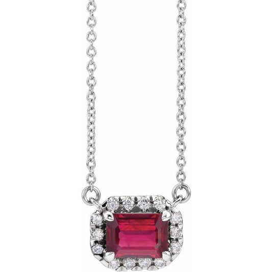14K White Gold Emerald 7 X 5Mm I1, G-H 16 In Polished Lab-Grown Ruby And 1/5 Ctw Natural Diamond Necklace