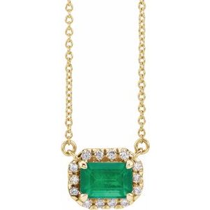 14K Yellow Gold Emerald 6 X 4Mm G-H I1 Natural Emerald And 1/5 Ctw Natural Diamond Necklace, Length: 18 In