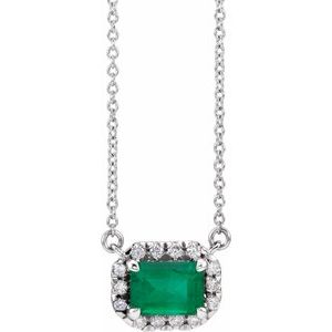 14K White Gold Emerald 6 X 4Mm G-H I1 Natural Emerald And 1/5 Ctw Natural Diamond Necklace, Length: 18 In