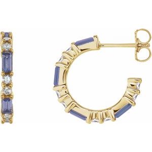 14K Yellow Gold Straight Baguette 4 X 2 Mm Natural Tanzanite And 1/2 Ctw Natural Diamond Earrings
