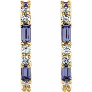 14K Yellow Gold Straight Baguette 4 X 2 Mm Natural Tanzanite And 1/2 Ctw Natural Diamond Earrings