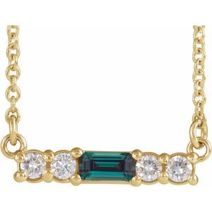 14K Yellow Gold Straight Baguette 4 X 2Mm G-H I1 Lab-Grown Alexandrite And 1/8 Ctw Natural Diamond Bar Necklace, Length: 18 In