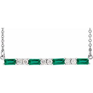 14K White Gold Straight Baguette 4 X 2Mm G-H I1 Lab-Grown Emerald And 1/6 Ctw Natural Diamond Bar Necklace, Length: 18 In