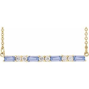 14K Yellow Gold Straight Baguette 4 X 2Mm G-H I1 Natural Tanzanite And 1/6 Ctw Natural Diamond Bar Necklace, Length: 18 In