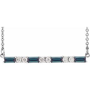 14K White Gold Straight Baguette 4 X 2Mm G-H I1 Lab-Grown  Alexandrite And 1/6 Ctw Natural Diamond Bar Necklace, Length: 18 In