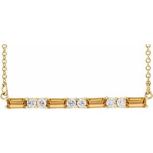 14K Yellow Gold Straight Baguette 4 X 2Mm G-H I1 Natural Citrine And 1/6 Ctw Natural Diamond Bar Necklace, Length: 18 In