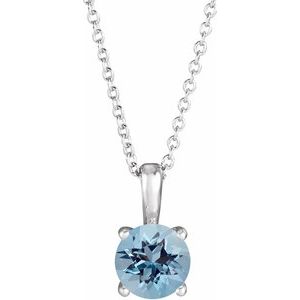14K White Gold Round 6 Mm  Natural Aquamarine Necklace, Length: 18 In