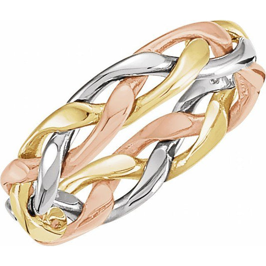 14K Yellow/White/Rose Gold 4.75 Mm Polished Woven Standard-Fit Band, Size 7.5