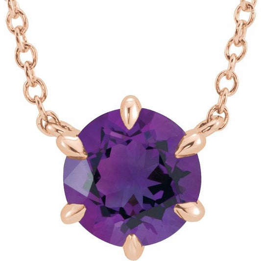 14K Rose Gold Round 5 Mm 18 In Polished Natural Amethyst Solitaire Necklace