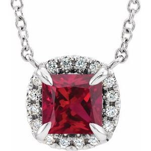 14K White Gold Square 4 X 4Mm G-H I1 Lab-Grown Ruby And .05 Ctw Natural Diamond Necklace, Length: 18 In