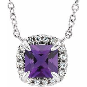 Sterling Silver Square 4 X 4Mm G-H I1 Natural Amethyst And .05 Ctw Natural Diamond Necklace, Length: 18 In