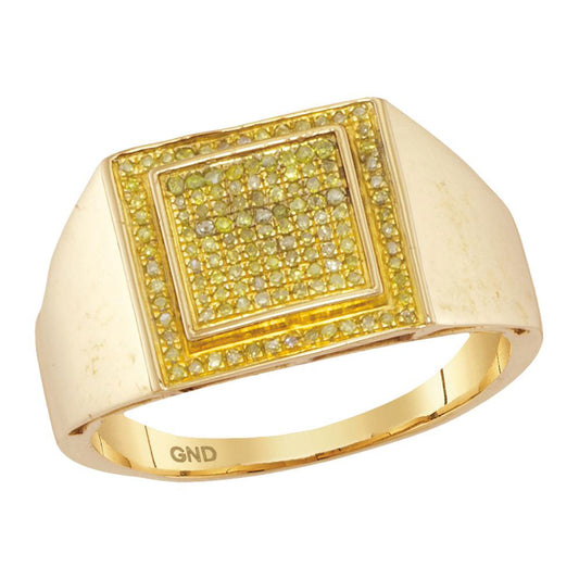 10K Yellow Gold Mens Round Yellow Color Enhanced Diamond Square Cluster Ring 1/4 Cttw, Mens Size: 7-13