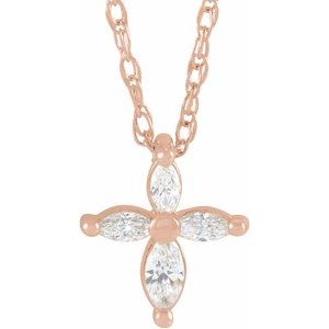 14K Rose Gold 9.6 X 8.5 Mm 18 In Polished Marquise 1/6 Ctw Natural Diamond Cross Necklace