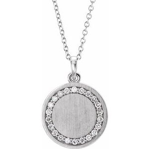 14K White Gold Round 16.7 X 14.3 Mm 1.3Mm G-H I1 1/5 Ctw Natural Diamond Halo-Style Engravable Necklace, Length: 18 In
