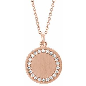 14K Rose Gold Round 16.7 X 14.3 Mm 1.3Mm G-H I1 1/5 Ctw Natural Diamond Halo-Style Engravable Necklace, Length: 18 In