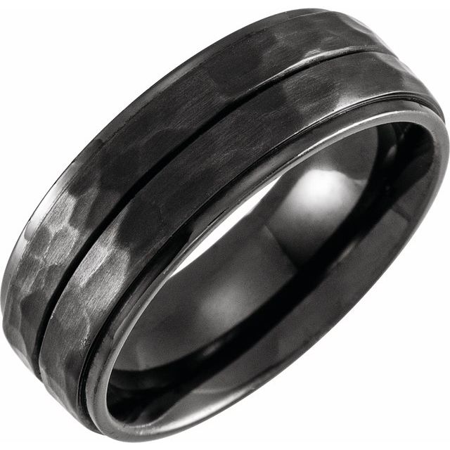 Black Titanium 8 Mm Polished Grooved Stepped-Edge Comfort-Fit Flat Band With Hammer Finish Size 8.5