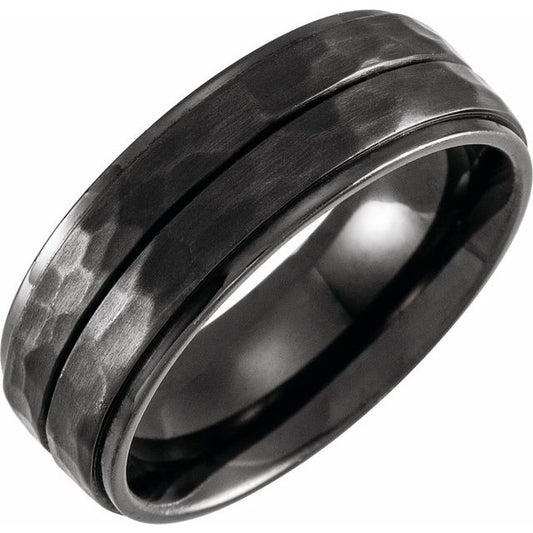 Black Titanium 8 Mm Polished Grooved Stepped-Edge Comfort-Fit Flat Band With Hammer Finish Size 8.5