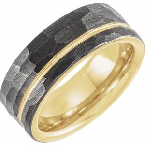 18K Yellow Gold PVD & Black PVD Tungsten 8 mm Flat Grooved Hammered Band