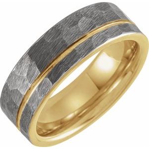 18K Yellow Gold PVD Tungsten 8 mm Flat Grooved Hammered Band