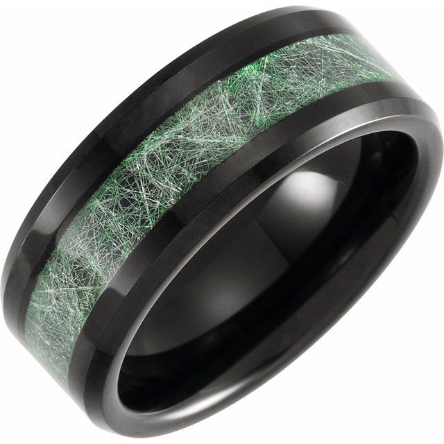 Black PVD Tungsten 8 Mm Polished Beveled-Edge Imitation Meteorite Inlay Comfort-Fit Band