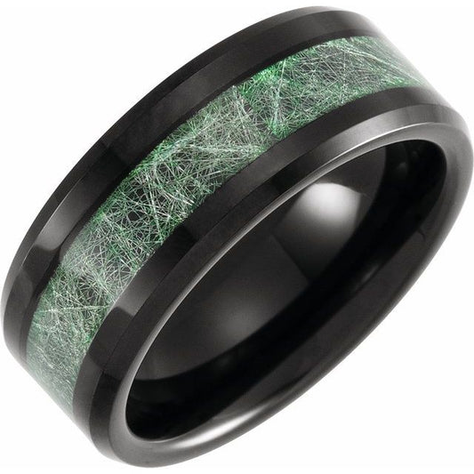 Black PVD Tungsten 8 Mm Polished Beveled-Edge Imitation Meteorite Inlay Comfort-Fit Band