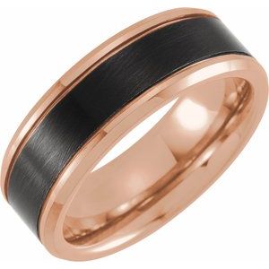 18K Rose Gold PVD & Black PVD Tungsten 8 mm Beveled Grooved Satin Band