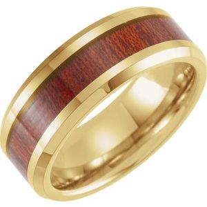 18K Yellow Gold PVD Tungsten 8 mm Beveled Band with Walnut Wood Inlay