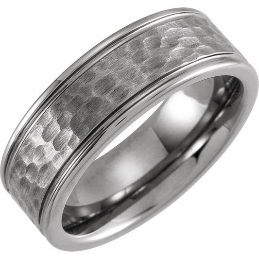 Tungsten 8 mm Grooved Inlay Comfort-Fit Flat Band With Hammer Finish Size 13.5