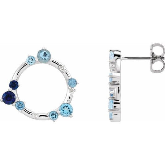 14K White Gold Round Friction Back Polished Natural Blue Multi-Gemstone And .03 Ctw Natural Diamond Circular Earrings