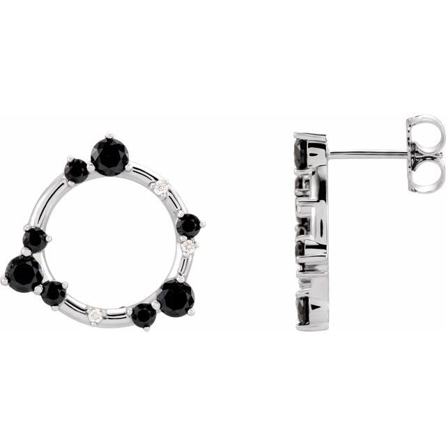 14K White Gold Round Friction Back Polished Natural Onyx And .03 Ctw Natural Diamond Circular Earrings