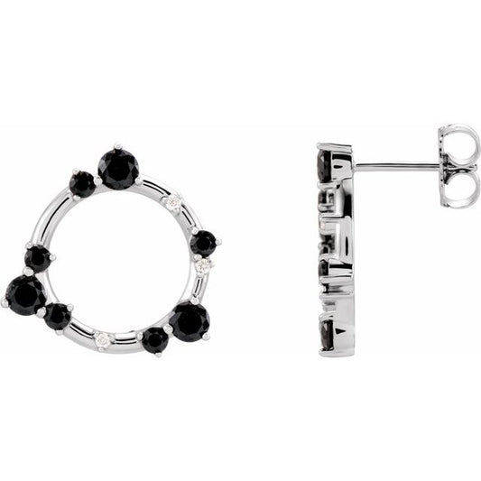 14K White Gold Round Friction Back Polished Natural Onyx And .03 Ctw Natural Diamond Circular Earrings