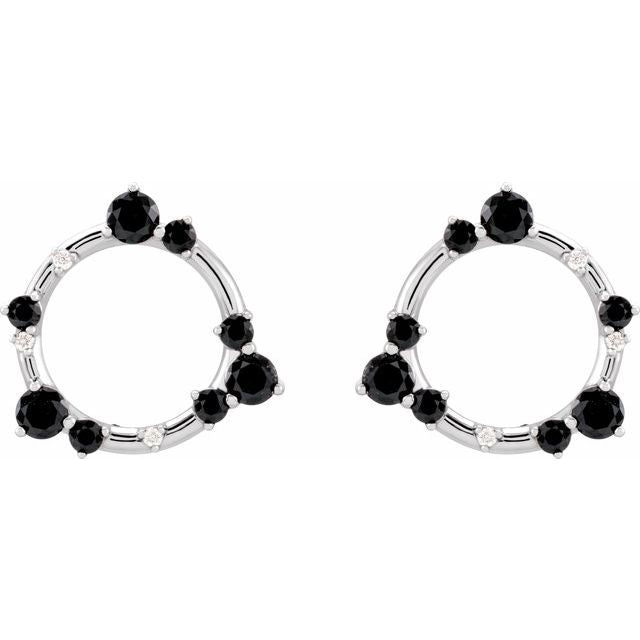 14K White Gold Round Friction Back Polished Natural Onyx And .03 Ctw Natural Diamond Circular Earrings