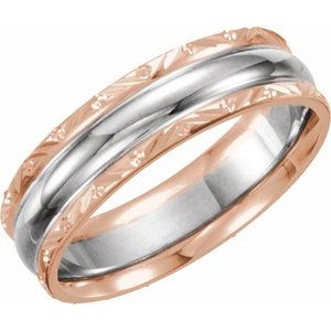 14K Rose/White/Rose Gold 6 Mm Polished Design-Engraved Comfort-Fit Band Size 10