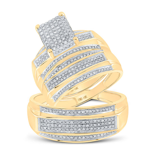 10K Yellow Gold His Hers Round Diamond Cluster Matching Wedding Set 3/4 Cttw, Womens Size: 5-10, Mens Size: 7-13
