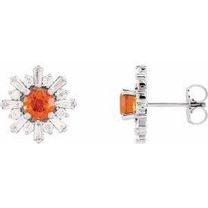 14K White Gold Round 5 Mm Natural Mexican Fire Opal And 3/4 Ctw Natural Diamond Earrings