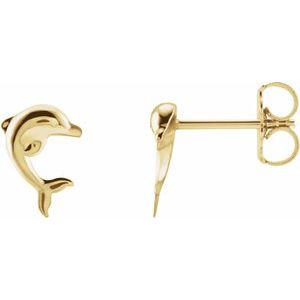 14K Yellow Gold 9.1 X 6.4 Mm Pair Friction Backs Polished Dolphin Earrings