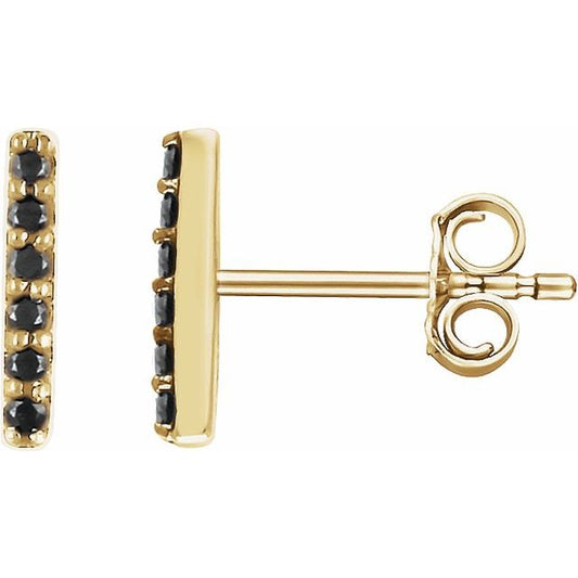 14K Yellow Gold 1.2 Mm Round Friction Back Polished 1/10 Ctw Natural Black Diamond Bar Earrings