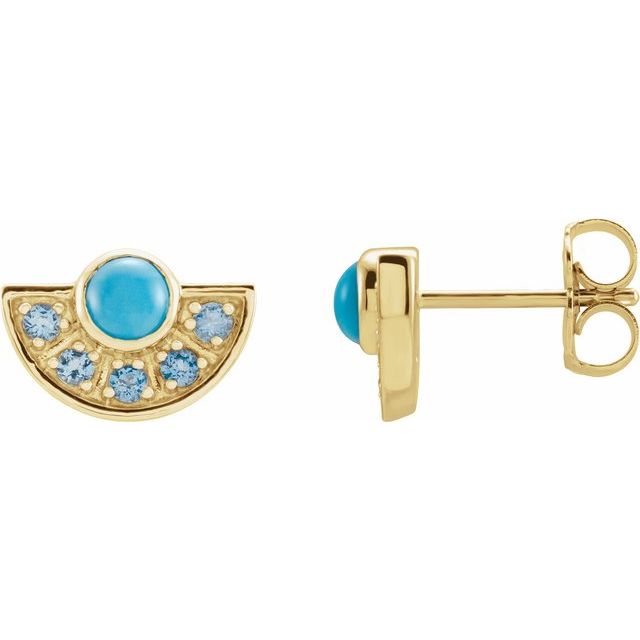 14K Yellow Gold 3.5 Mm Round Friction Back Polished Natural Turquoise And Aquamarine Fan Earrings