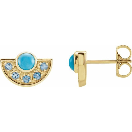 14K Yellow Gold 3.5 Mm Round Friction Back Polished Natural Turquoise And Aquamarine Fan Earrings