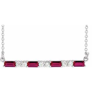 14K White Gold Straight Baguette 4 X 2Mm I1 I1 Lab-Grown Ruby And 1/6 Ctw Natural Diamond Bar Necklace, Length: 18 In