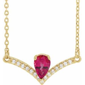 14K Yellow Gold Pear 6 X 4Mm G-H I1 Lab-Grown Ruby And .06 Ctw Natural Diamond Necklace, Length: 18 In